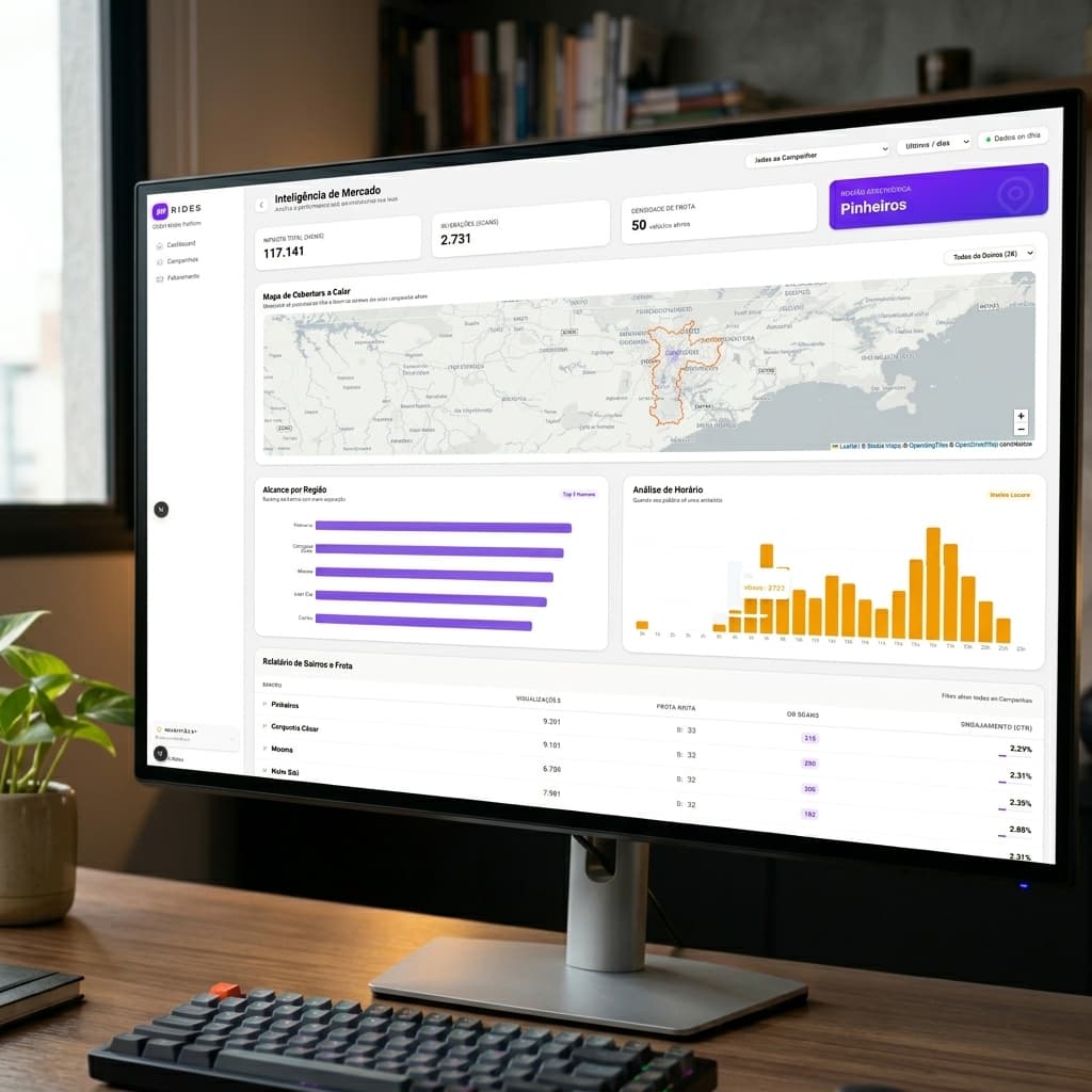 Painel de controle em tempo real da In Rides mostrando relatórios de impressões e engajamento de campanhas publicitárias